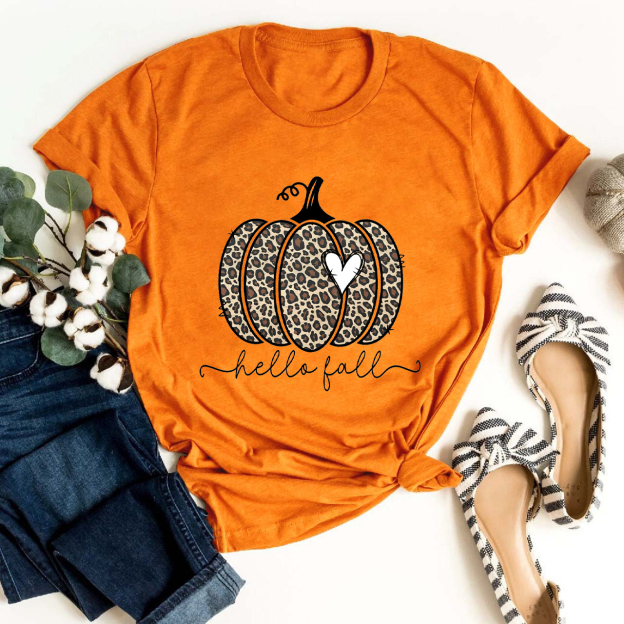  Hello Fall Leopard Print Pumpkin Shirt For Her