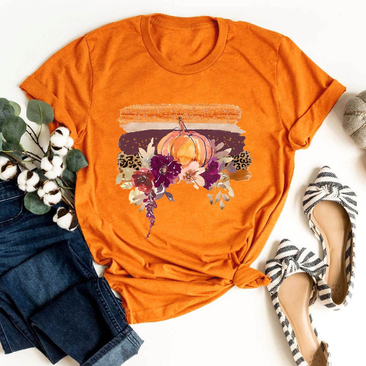 Unique Pumpkin And Watercolor Flowers Shirt 