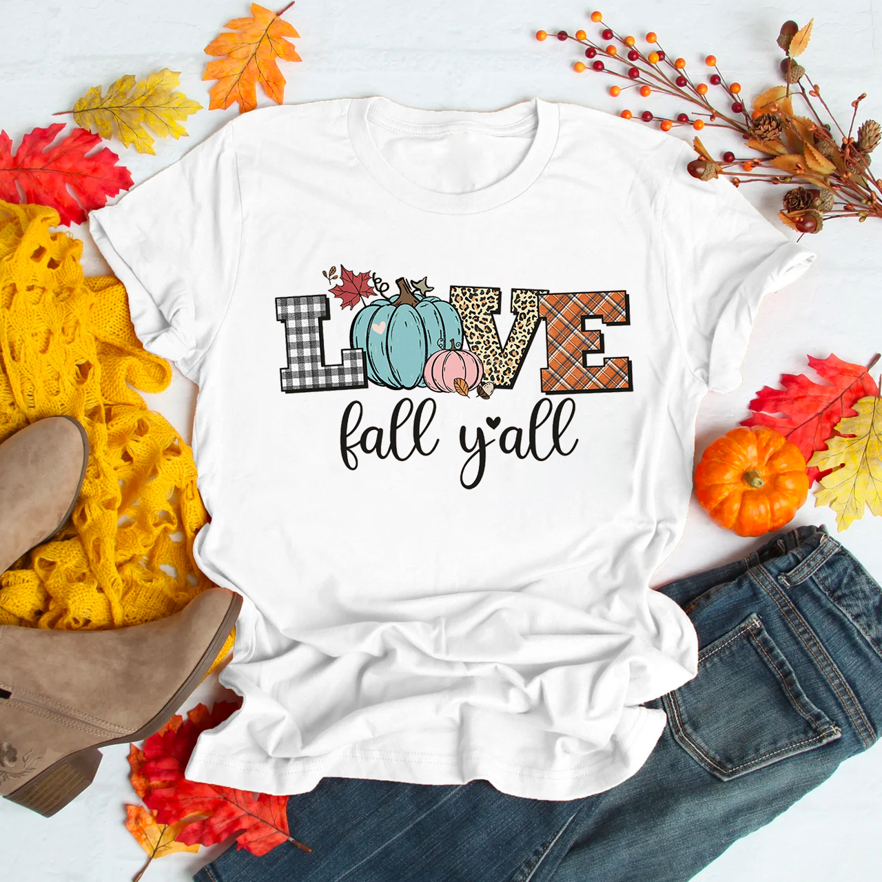 Love Fall Yall Leopard Print Fall Plaid Pumpkin Shirt 