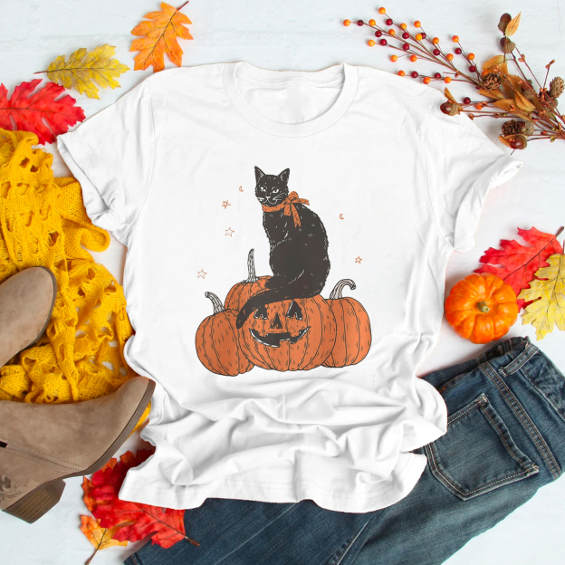 Black Cat on Pumpkin Shirt For Her