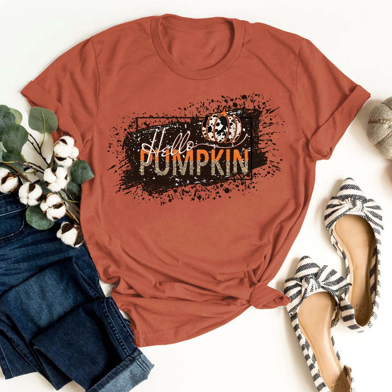  Hello Splatter Paint  Pumpkin Shirt For Her