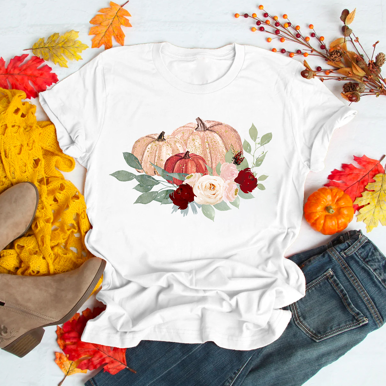  Pretty Fall Watercolor Pumpkin Shirt For Her