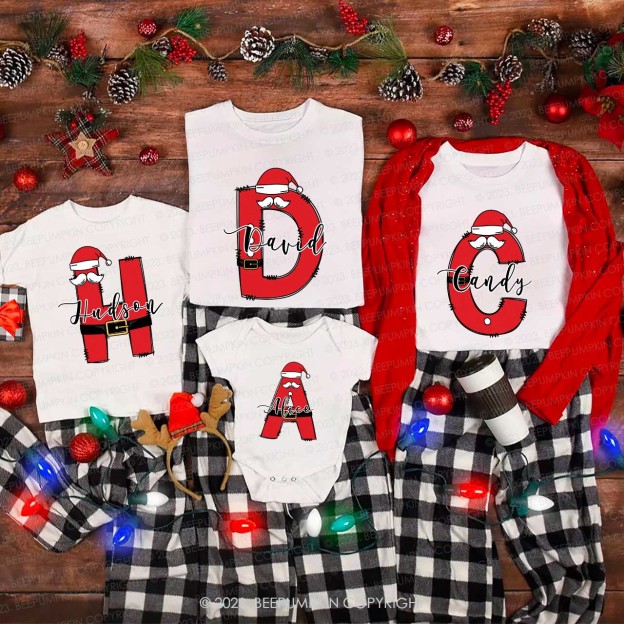 Santa Hat Christmas Monogram Family Matching Shirts Beepumpkin