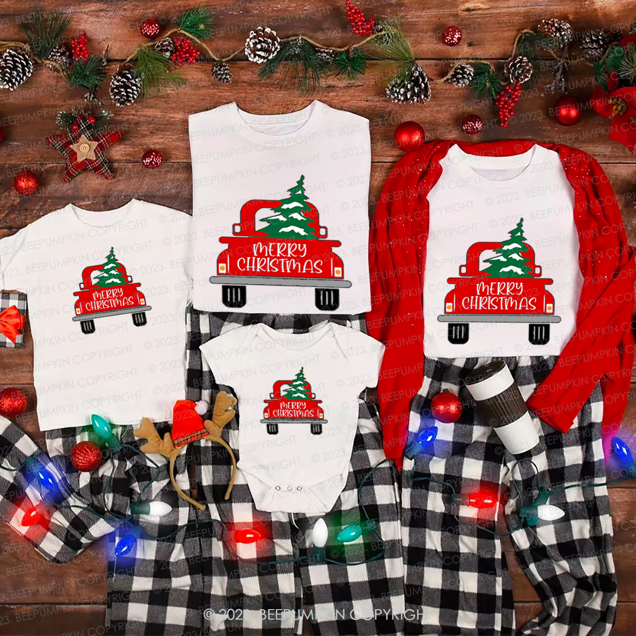 Christmas Tree in Pickup truck Family Matching Shirts Beepumpkin