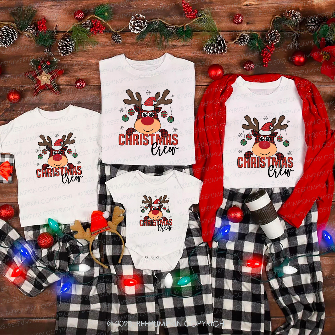 Cute Plaid Elk Christmas Crew Family Matching T-Shirts Beepumpkin