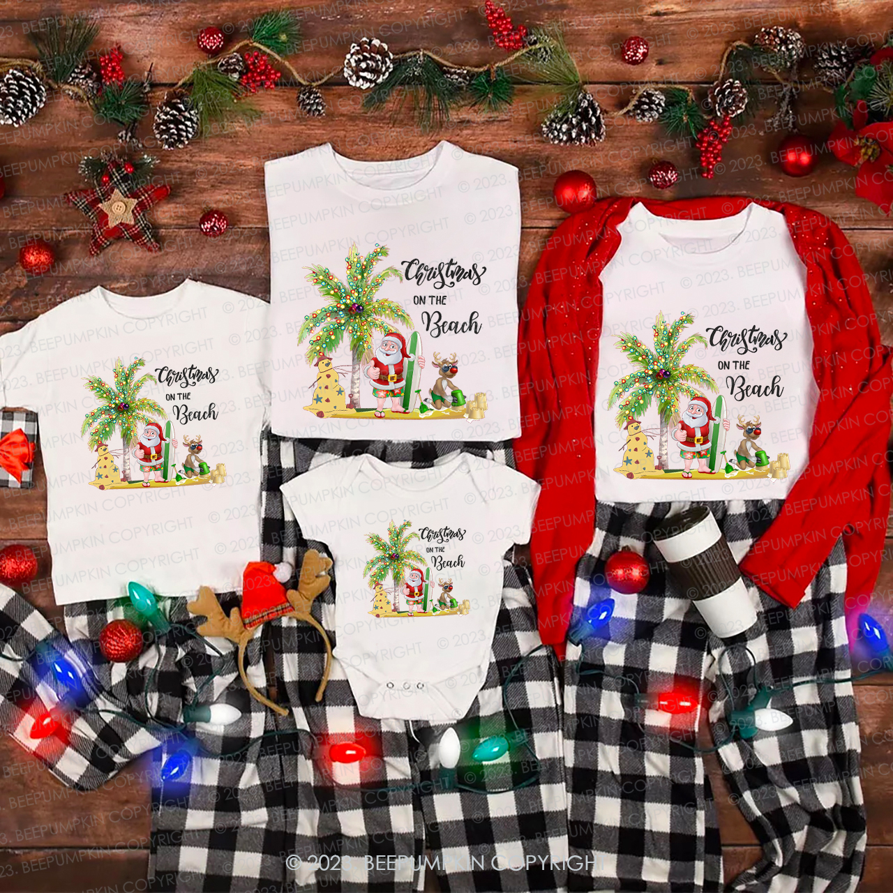 Santa With Elk Christmas On The Beach Matching Shirt