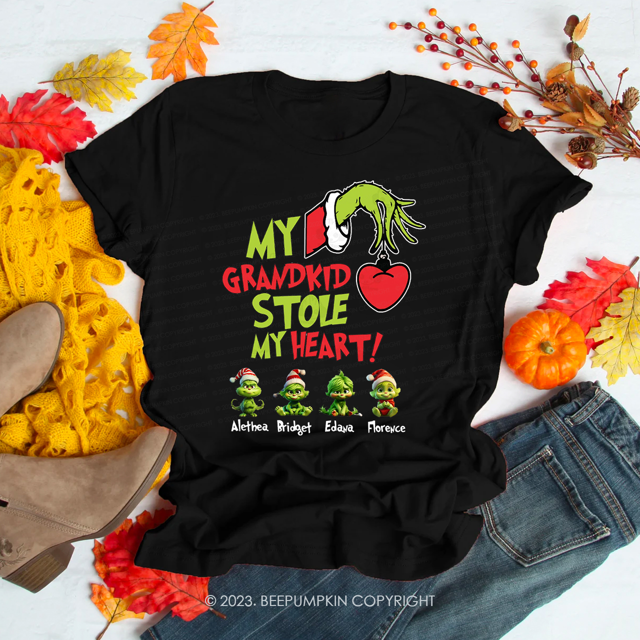 CUSTOM Christmas Mama Heart Kid Name T-Shirts