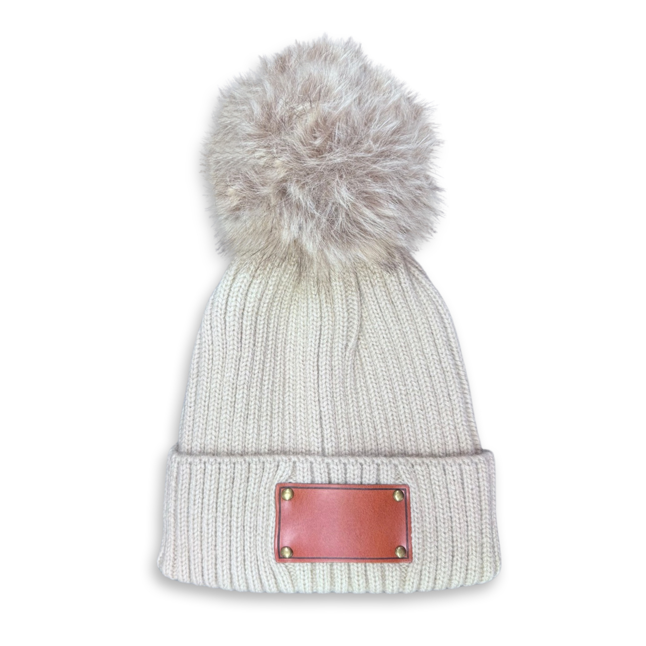 5 Colors Personalized Knitted PomPom Hat(Vegan Leather Patch)