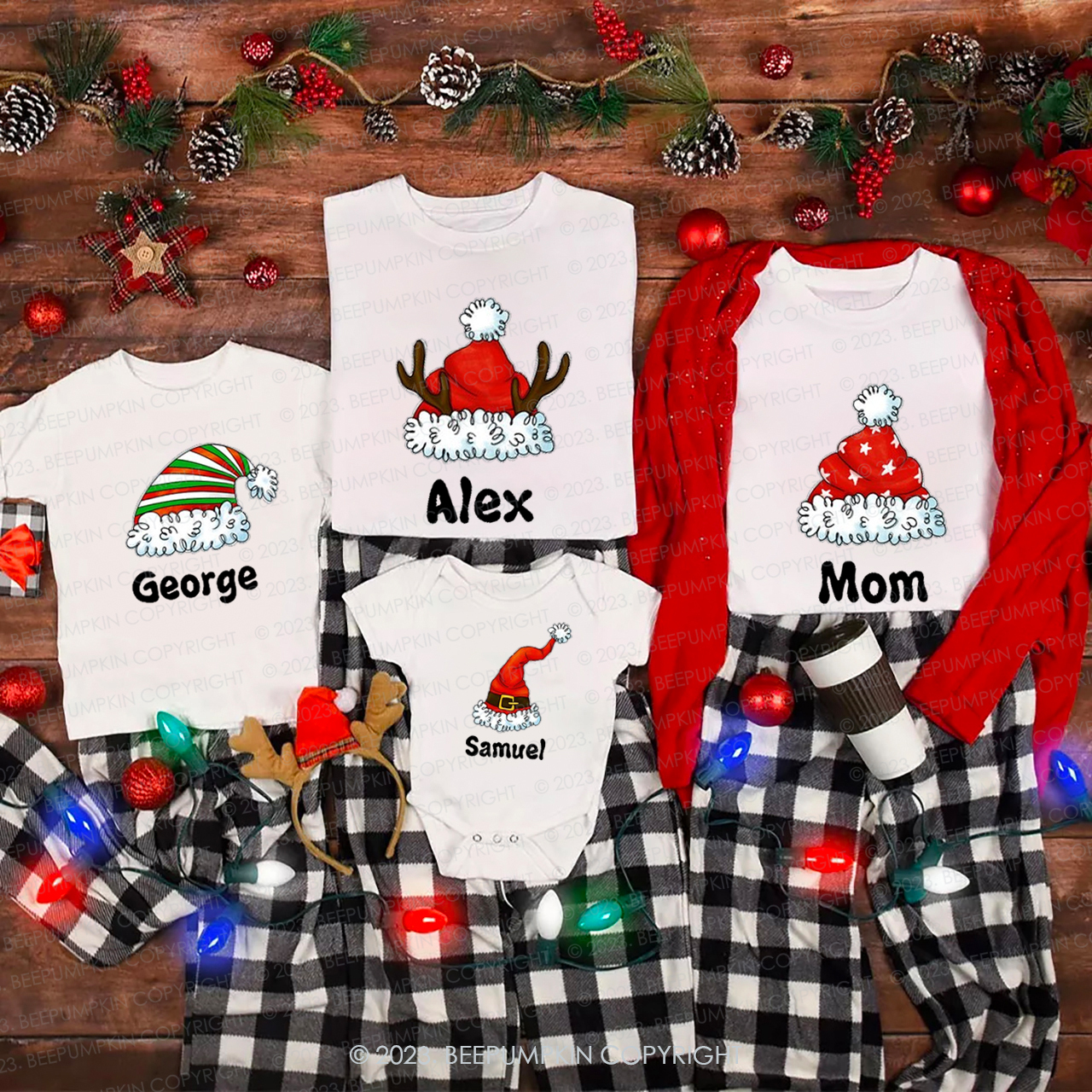 Personalized Cute Christmas Hat with Customized Name Matching Shirts
