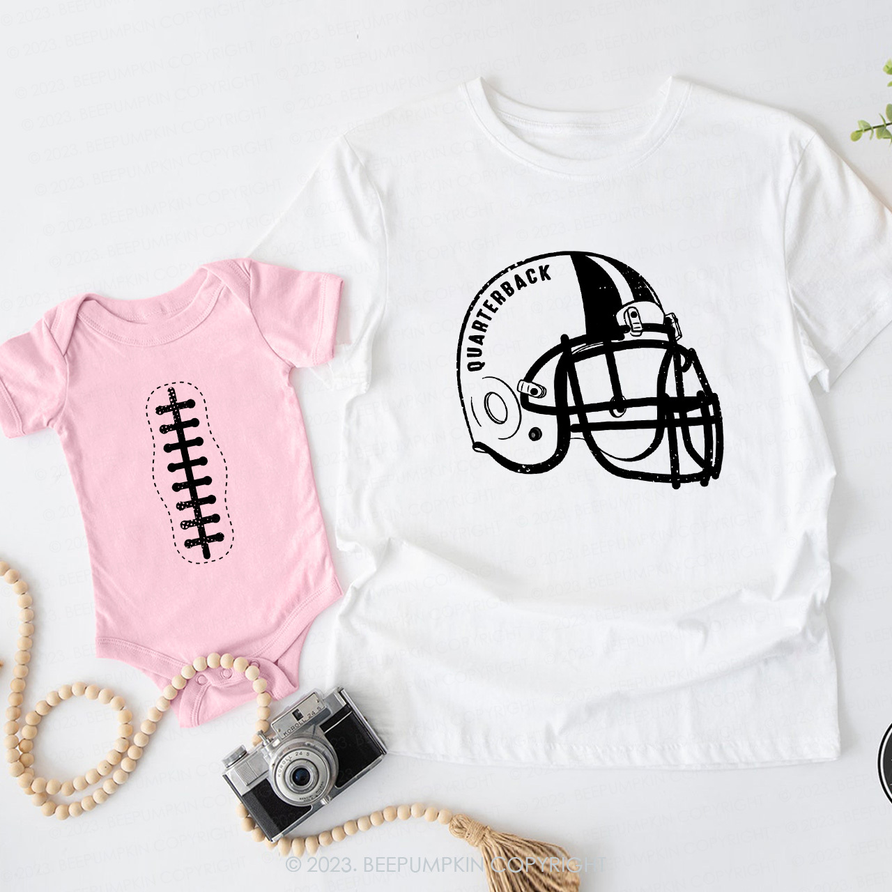 Quarterback Helmet And Football Daddy And Me Matching Shirt