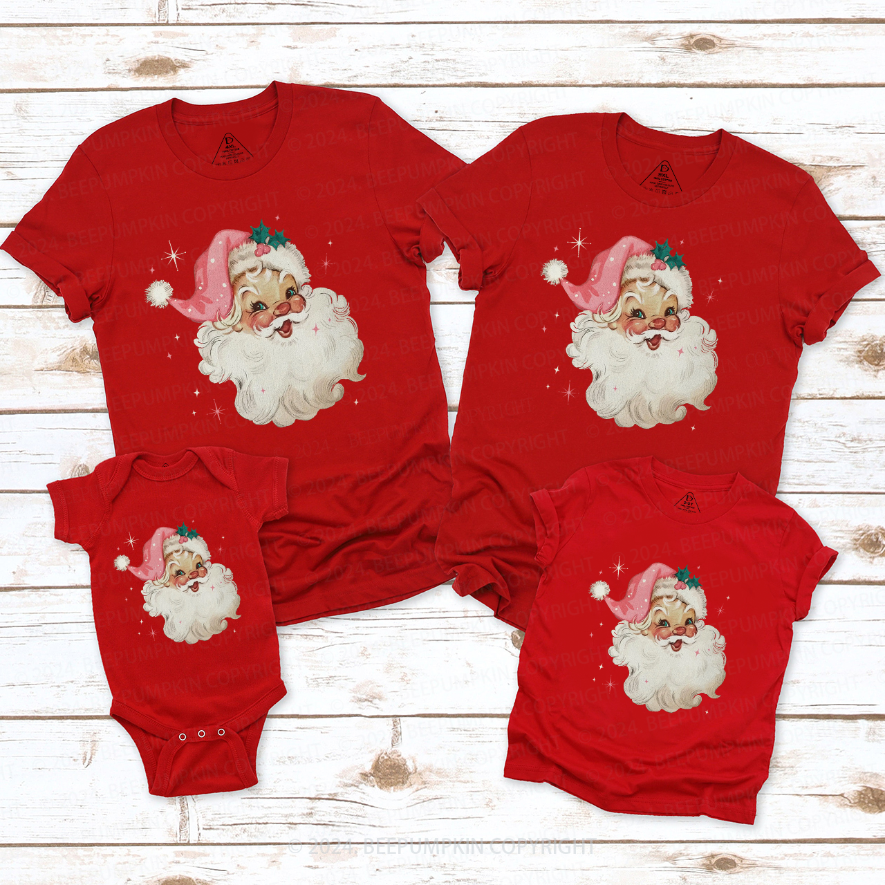 Retro Pink Santa Christmas Family Matching T-Shirts