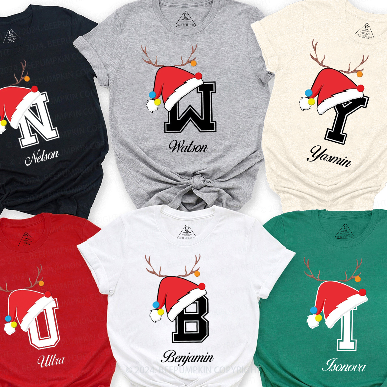 Personalized Christmas Hat Name Initial Family Matching T-Shirts Beepumpkin