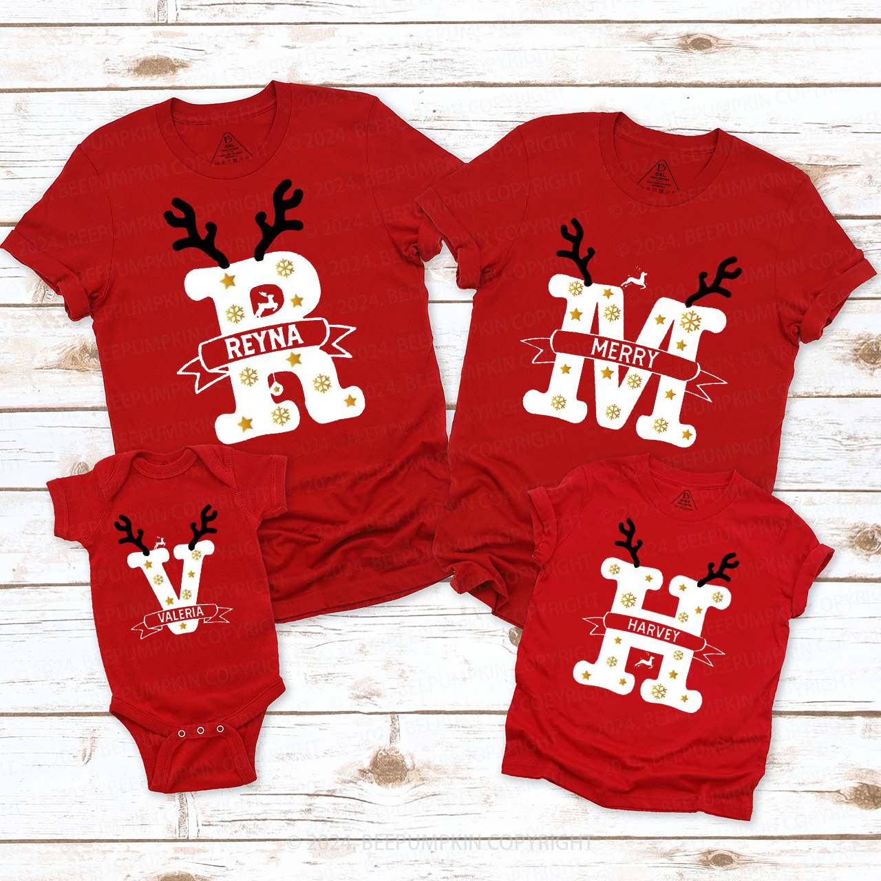 Personalized Antlers And Golden Snowflakes Christmas Matching T-Shirts Beepumpkin