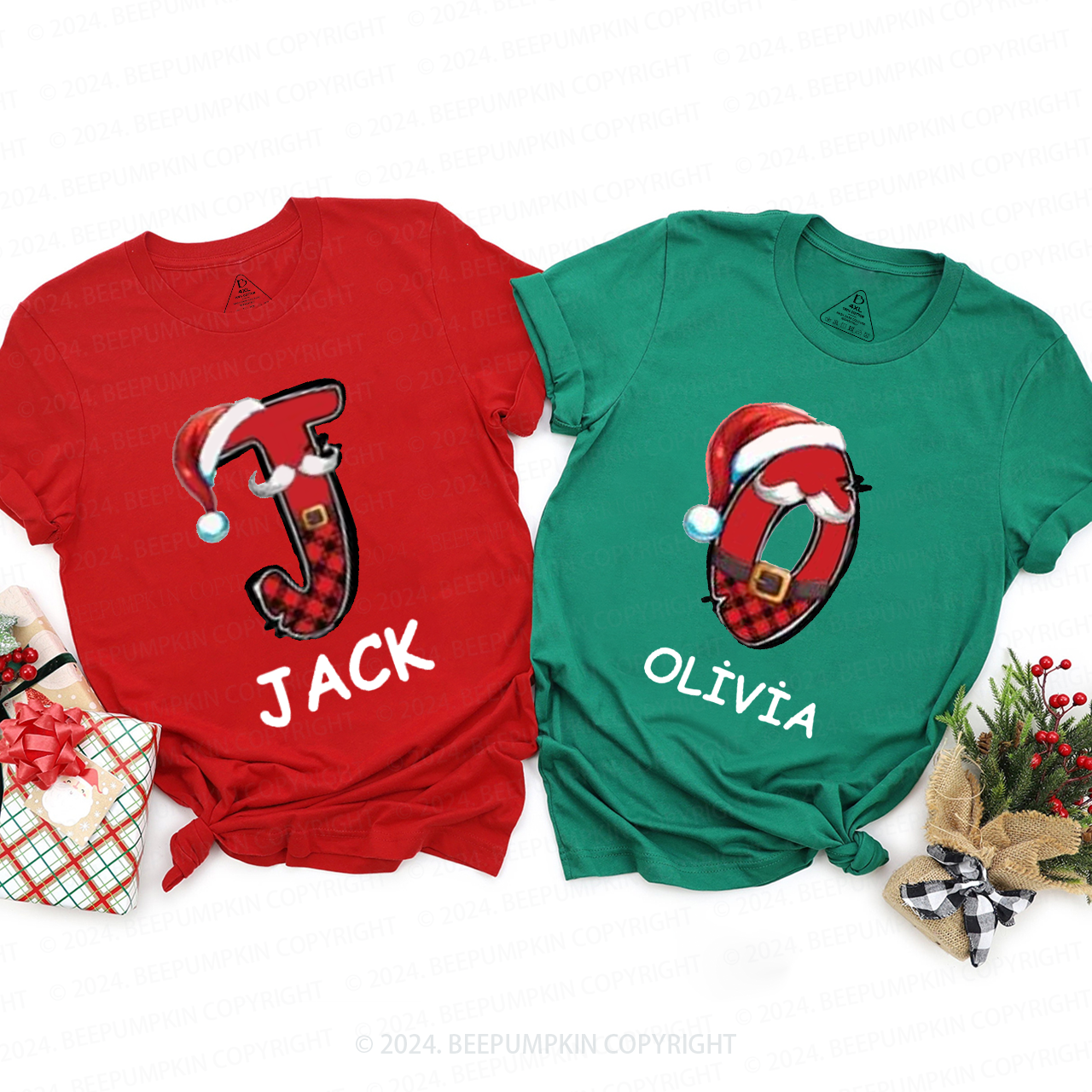 Personalized Plaid Name And Santa Hat Matching T-Shirts Beepumpkin