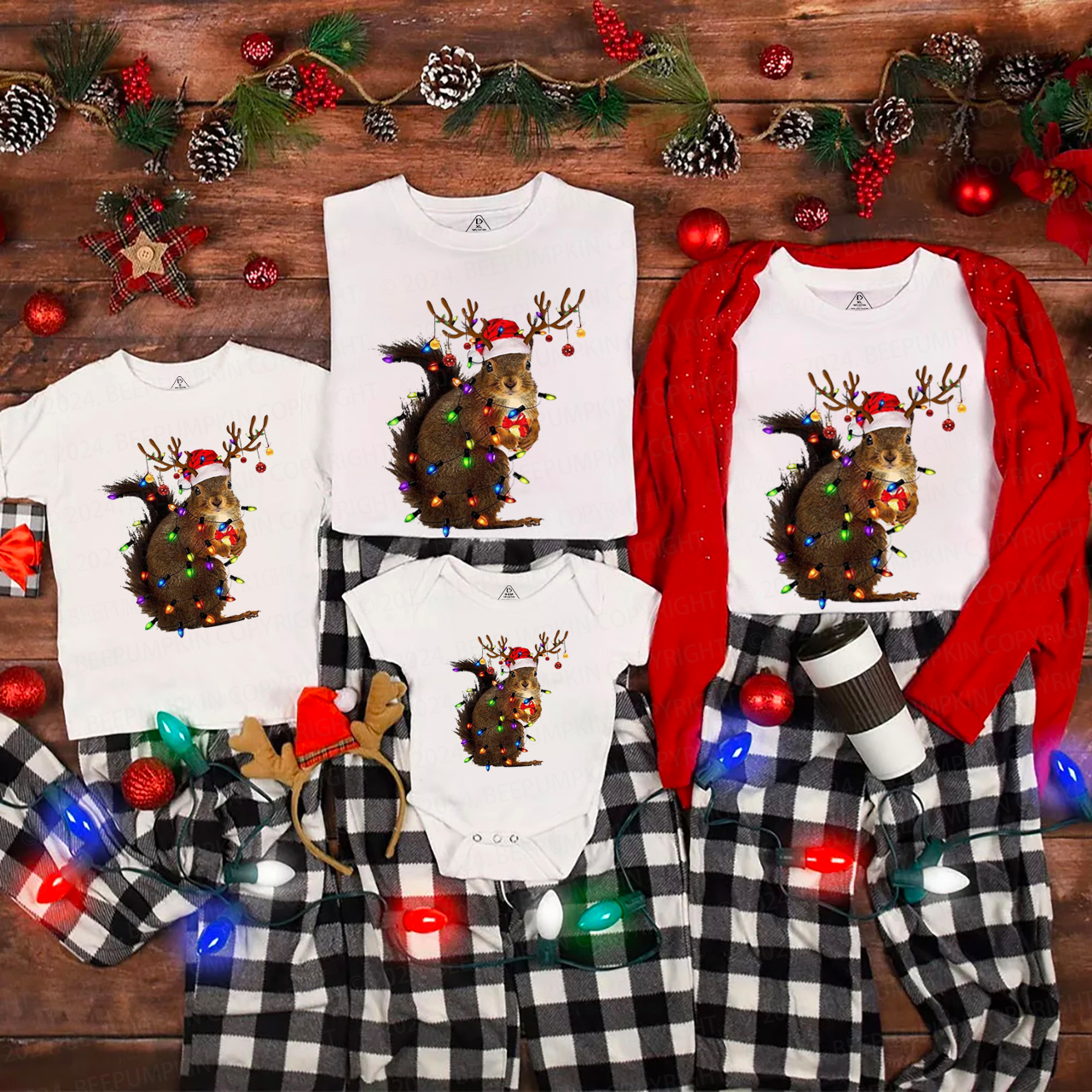Squirrel Christmas Lights Family Matching T-Shirts Beepumpkin