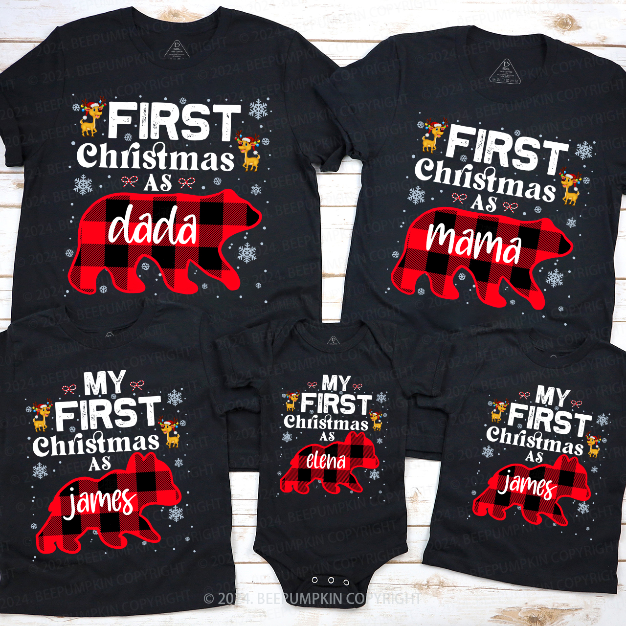 Personalized First Christmas Bear Buffalo Plaid Family Matching T-Shirts Beepumpkin
