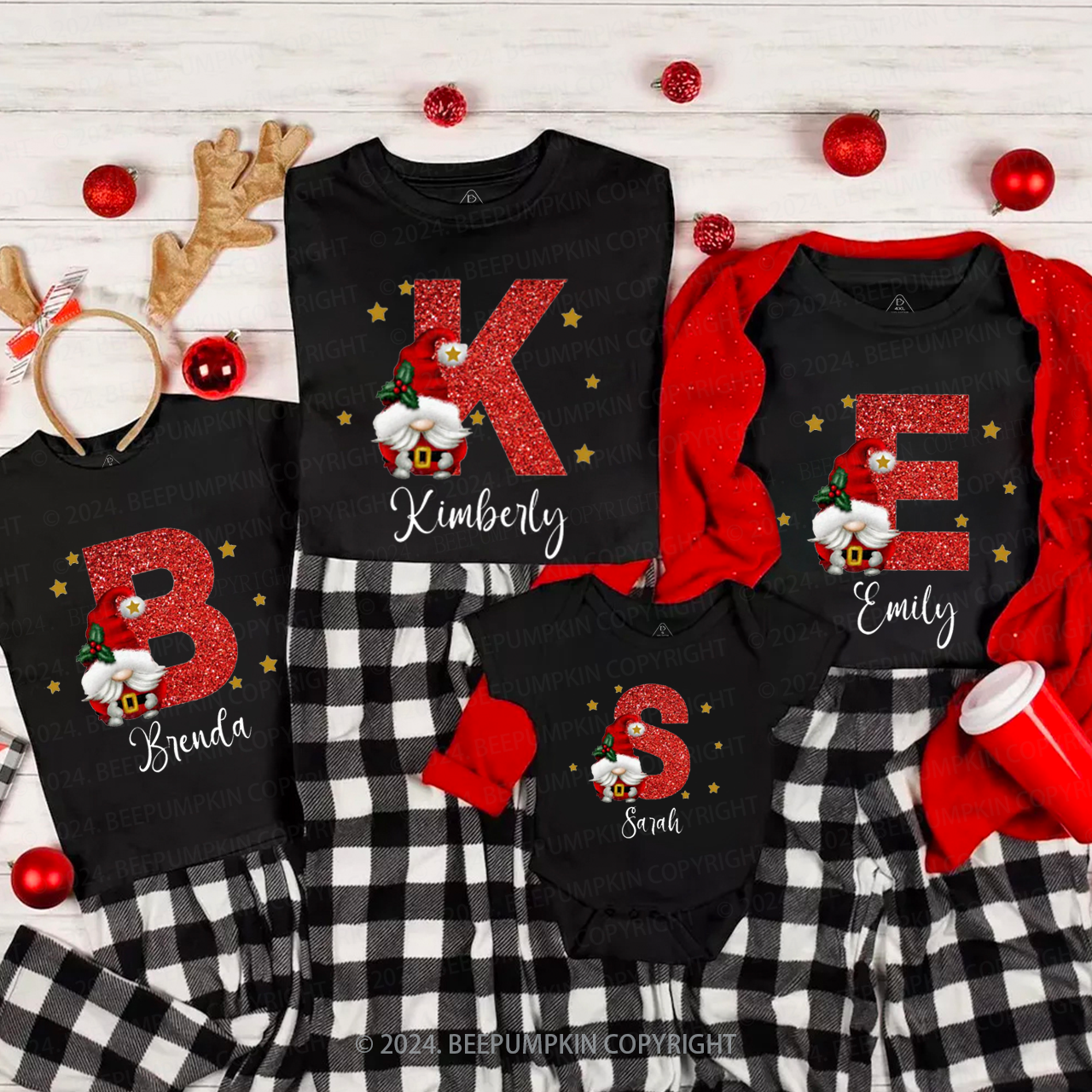 Personalized Christmas Red Name Family Matching T-Shirts Beepumpkin