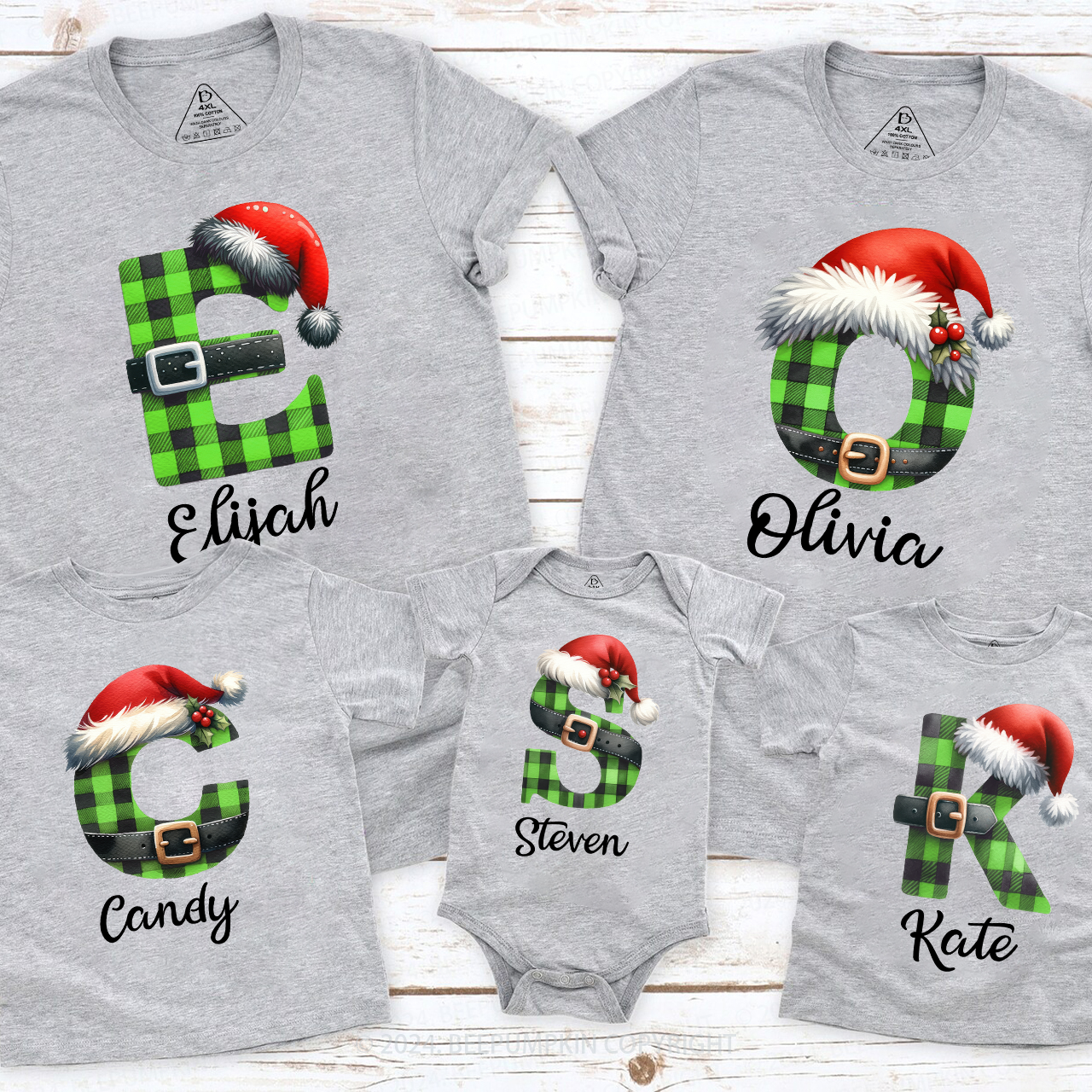 Personalized Green Plaid Letter Christmas Family Matching T-Shirts Beepumpkin