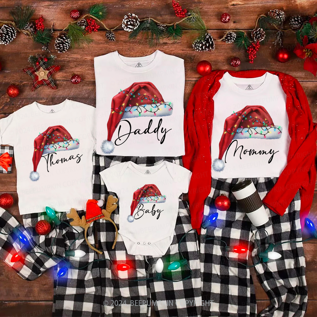 Personalized Lighted Christmas Hat with Name Matching T-Shirts Beepumpkin