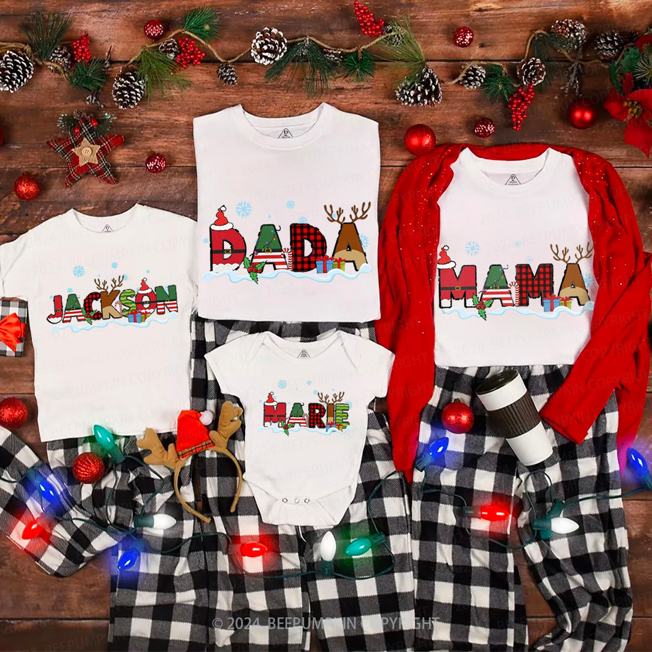 Personalized Reindeer Letters Christmas Family Matching T-Shirts Beepumpkin
