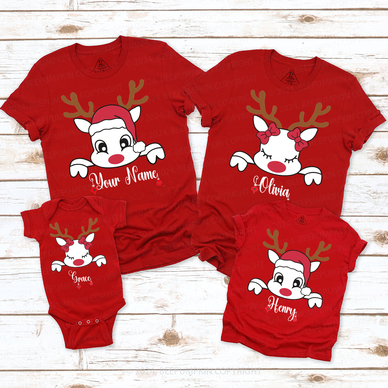 Personalized Christmas Reindeer With Santa Hat Family Matching T-Shirts Beepumpkin