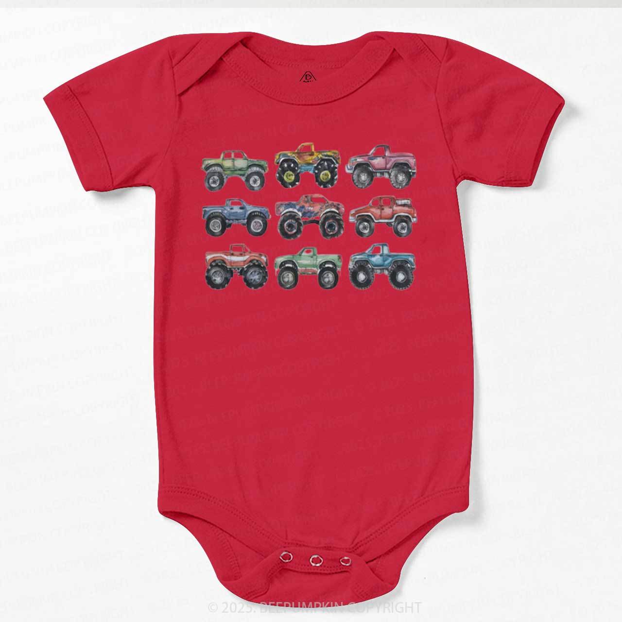 Retro Monster Trucks In A Row Bodysuit Beepumpkin