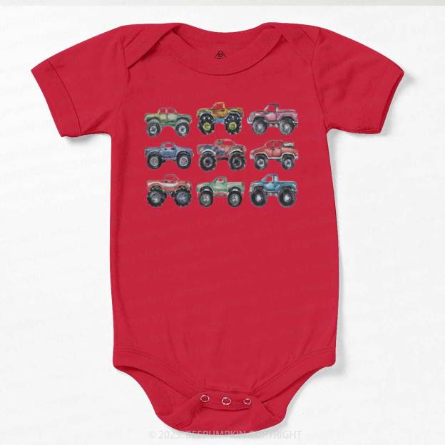 Retro Monster Trucks In A Row Bodysuit Beepumpkin
