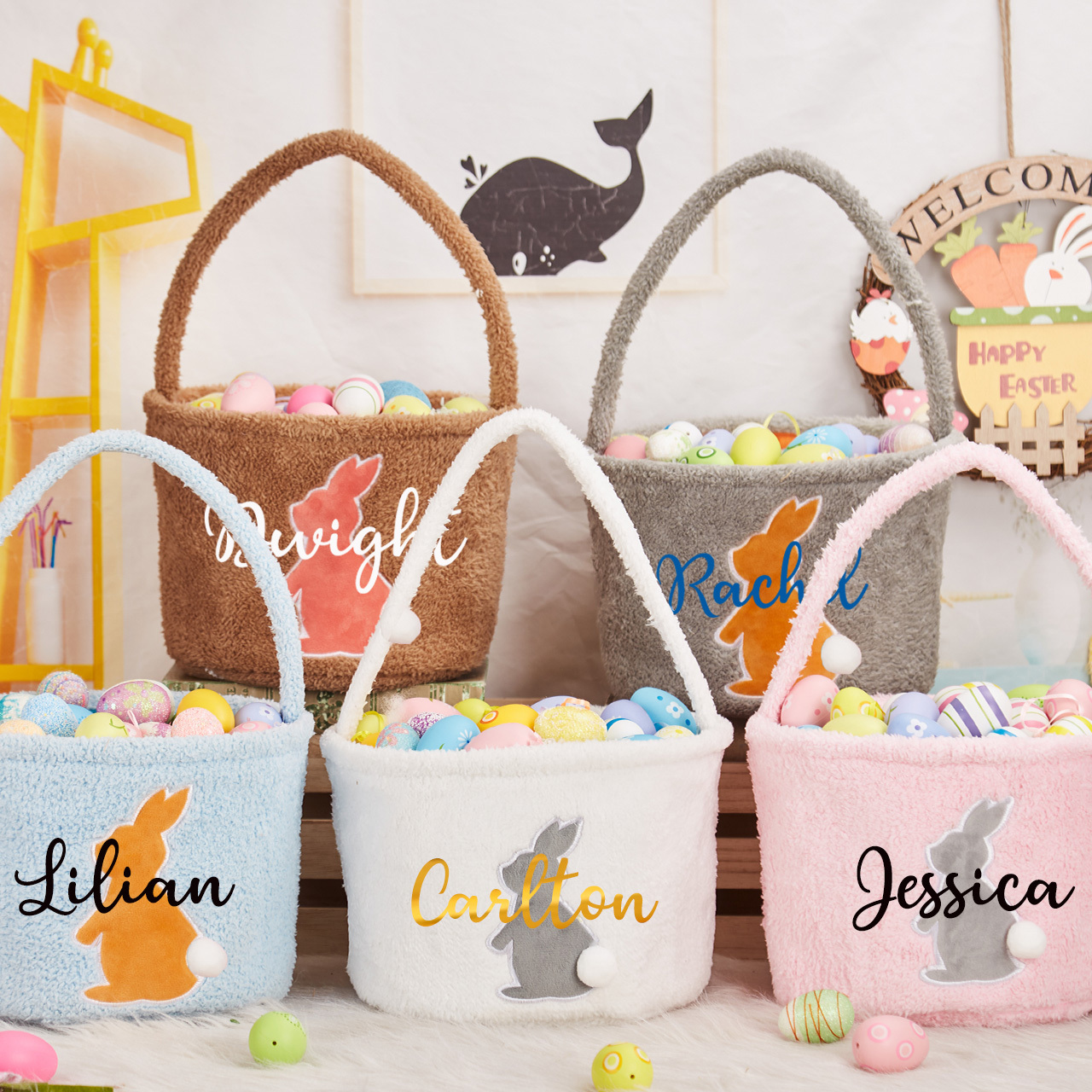 Personalized Name Easter Bucket Plush Bunny Basket