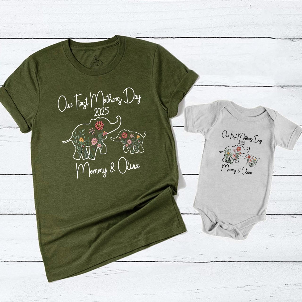 Personalized Flowers Elephant Mom&Me Matching Tees