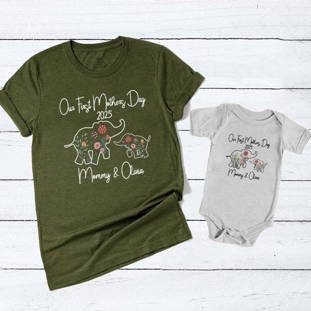 Personalized Flowers Elephant Mom&Me Matching Tees
