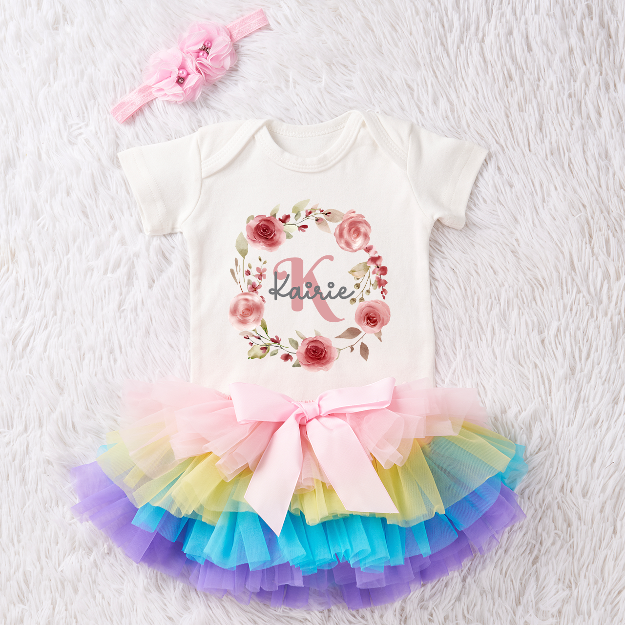3 Pieces Personalized Pink Blossom Baby Girl Tutu Outfit Set