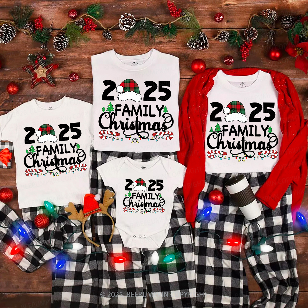 Family Christmas 2025 Plaid Hat Matching T-Shirts Beepumpkin
