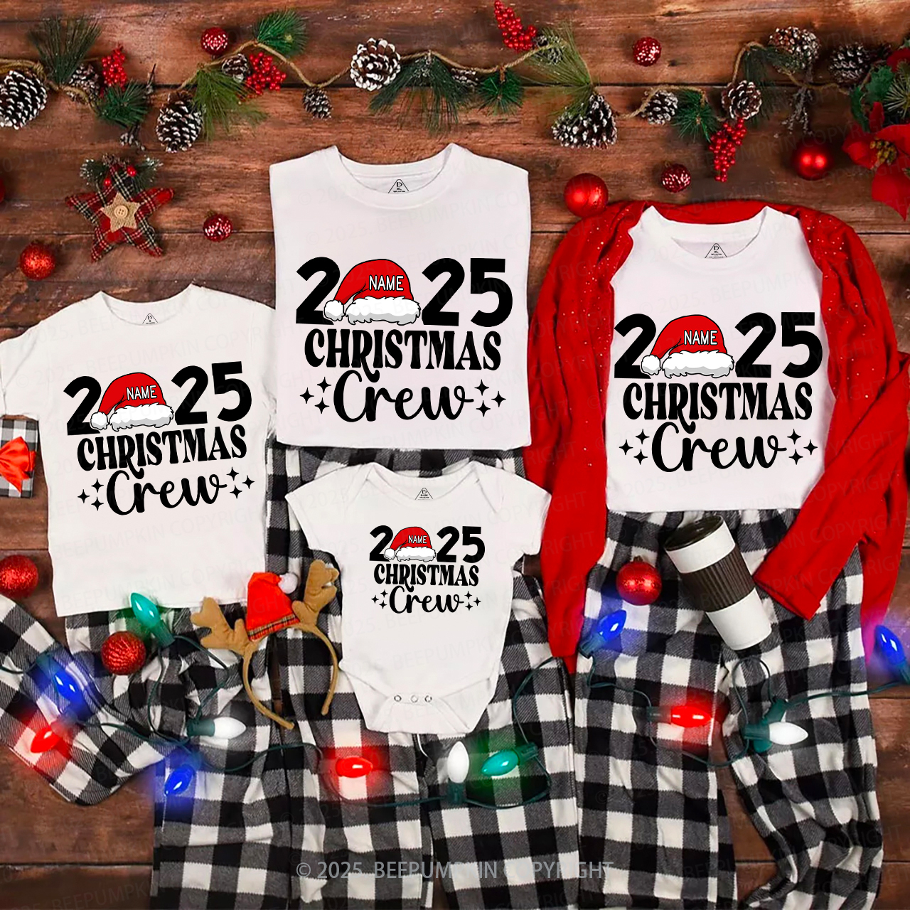 Personalized Christmas Crew 2025 Name On Santa Hat Shirts