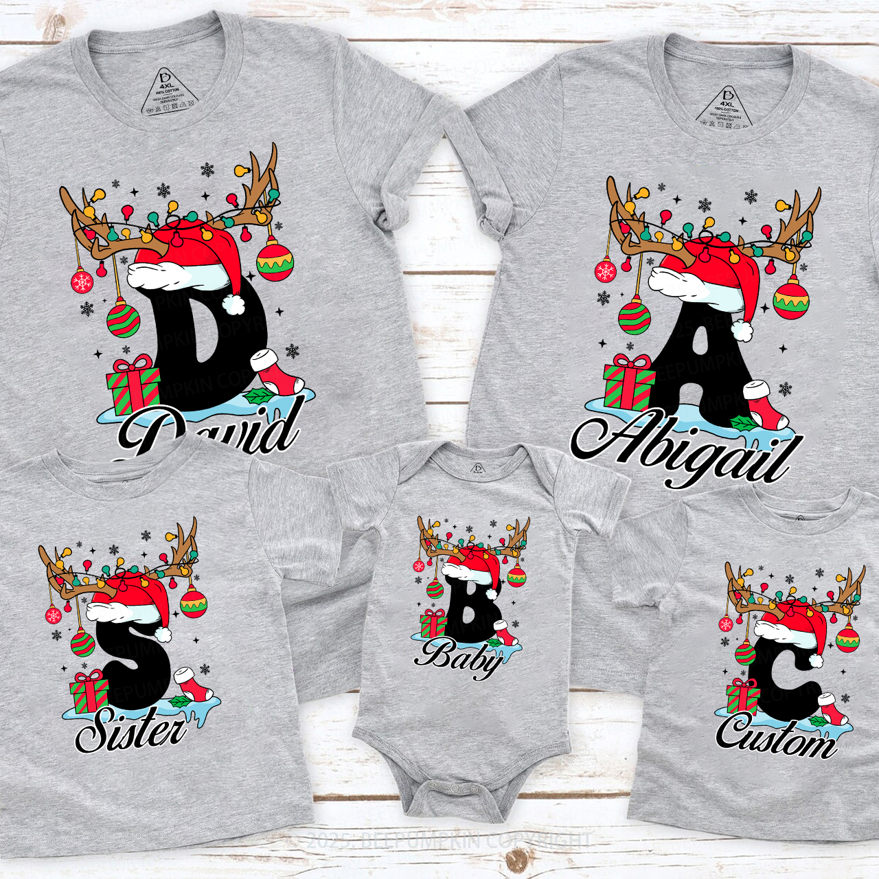 Personalized Antlered Alphabet Joy Christmas Family Matching T-Shirts Beepumpkin