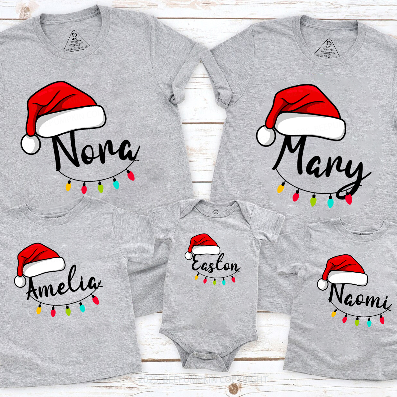 Personalized Santa Hat & Holiday Lights Family Matching T-Shirts Beepumpkin
