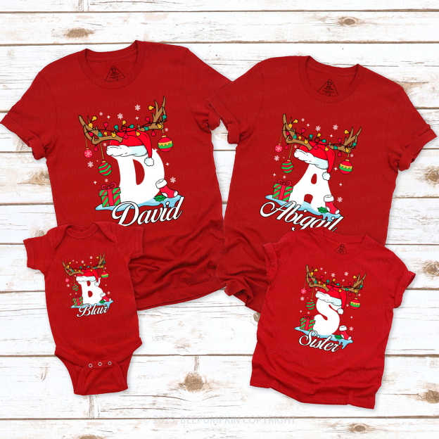 Personalized Antlered Alphabet Joy Christmas Family Matching T-Shirts Beepumpkin