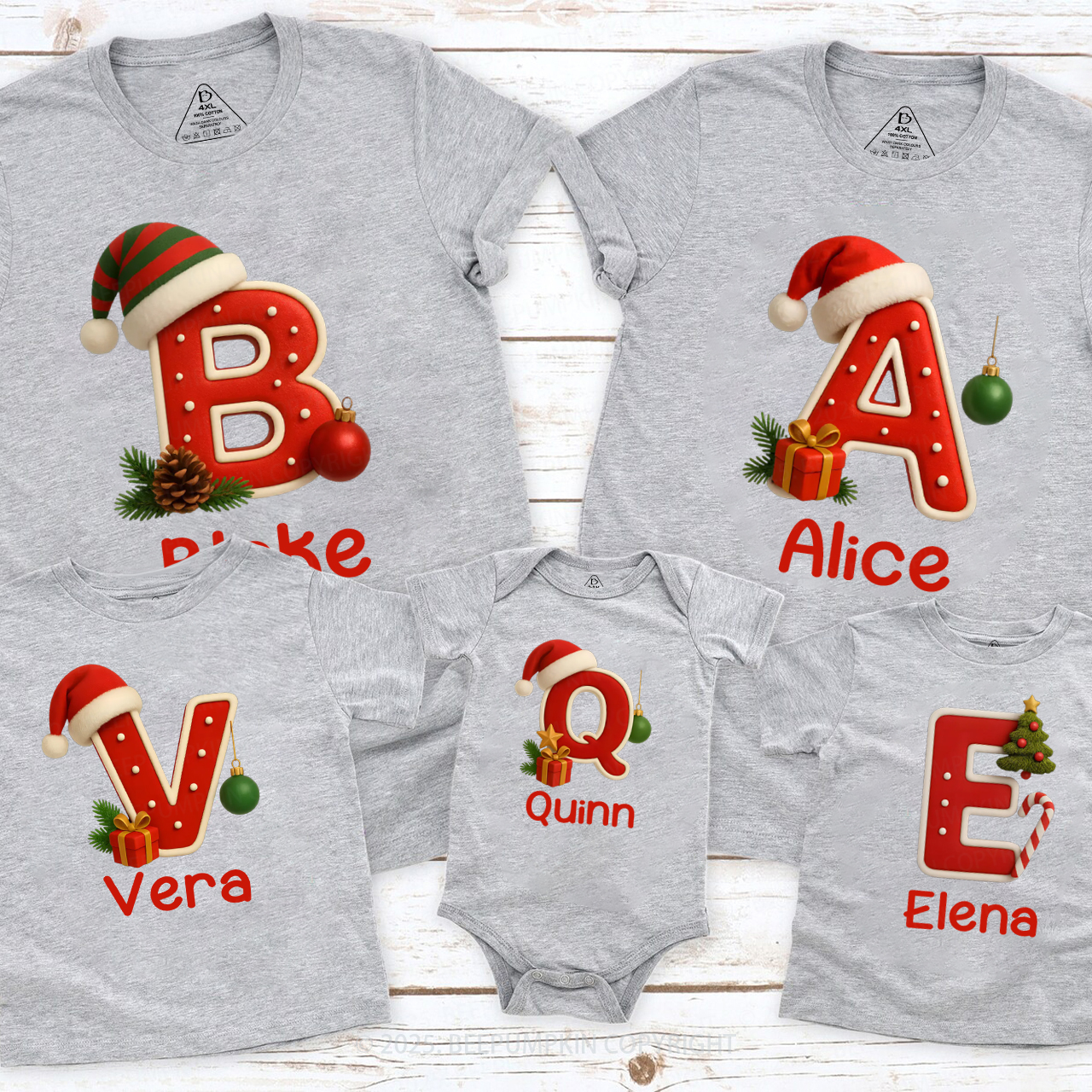Personalized Santa Hat & Gift Alphabet Christmas Family Matching T-Shirts Beepumpkin