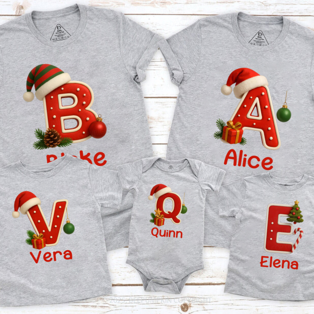 Personalized Santa Hat & Gift Alphabet Christmas Family Matching T-Shirts Beepumpkin
