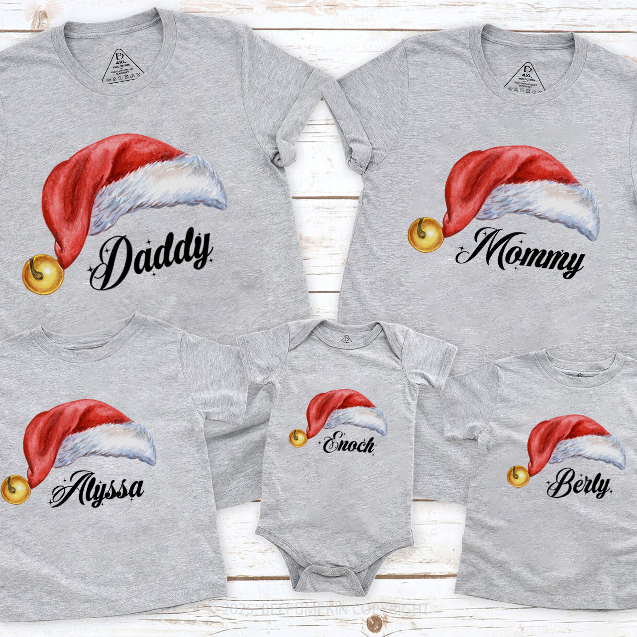 Personalized Watercolor Santa Hat Christmas Family Matching T-Shirts Beepumpkin