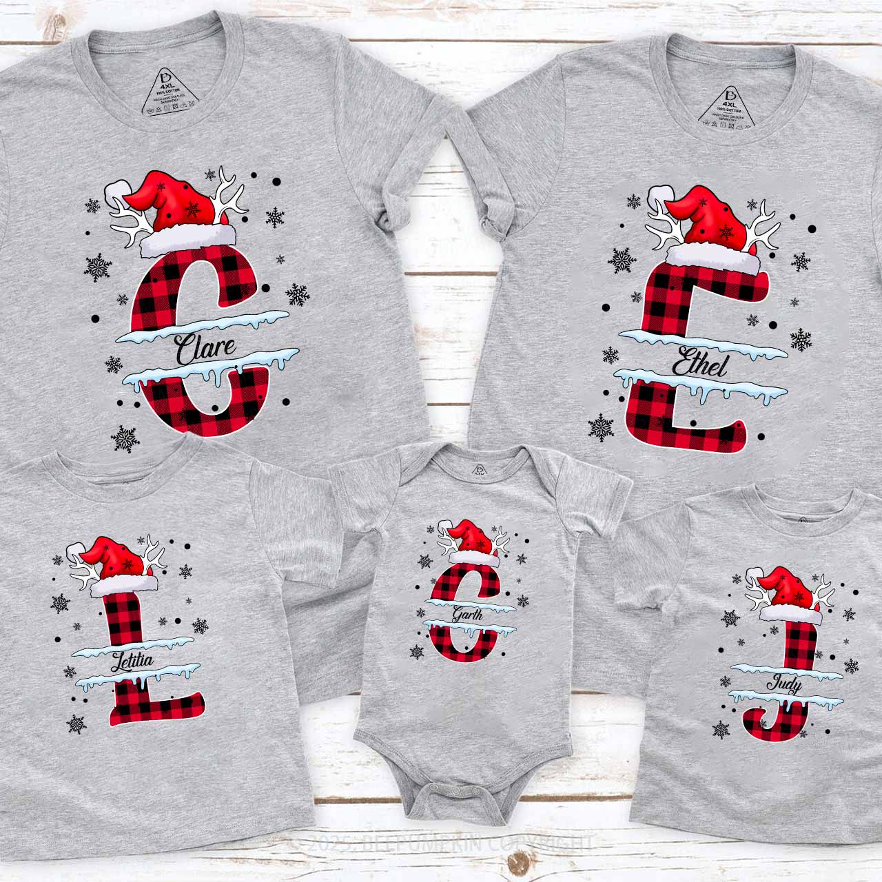 Personalized Christmas Red Plaid Snowflakes Name Family Matching T-Shirts Beepumpkin