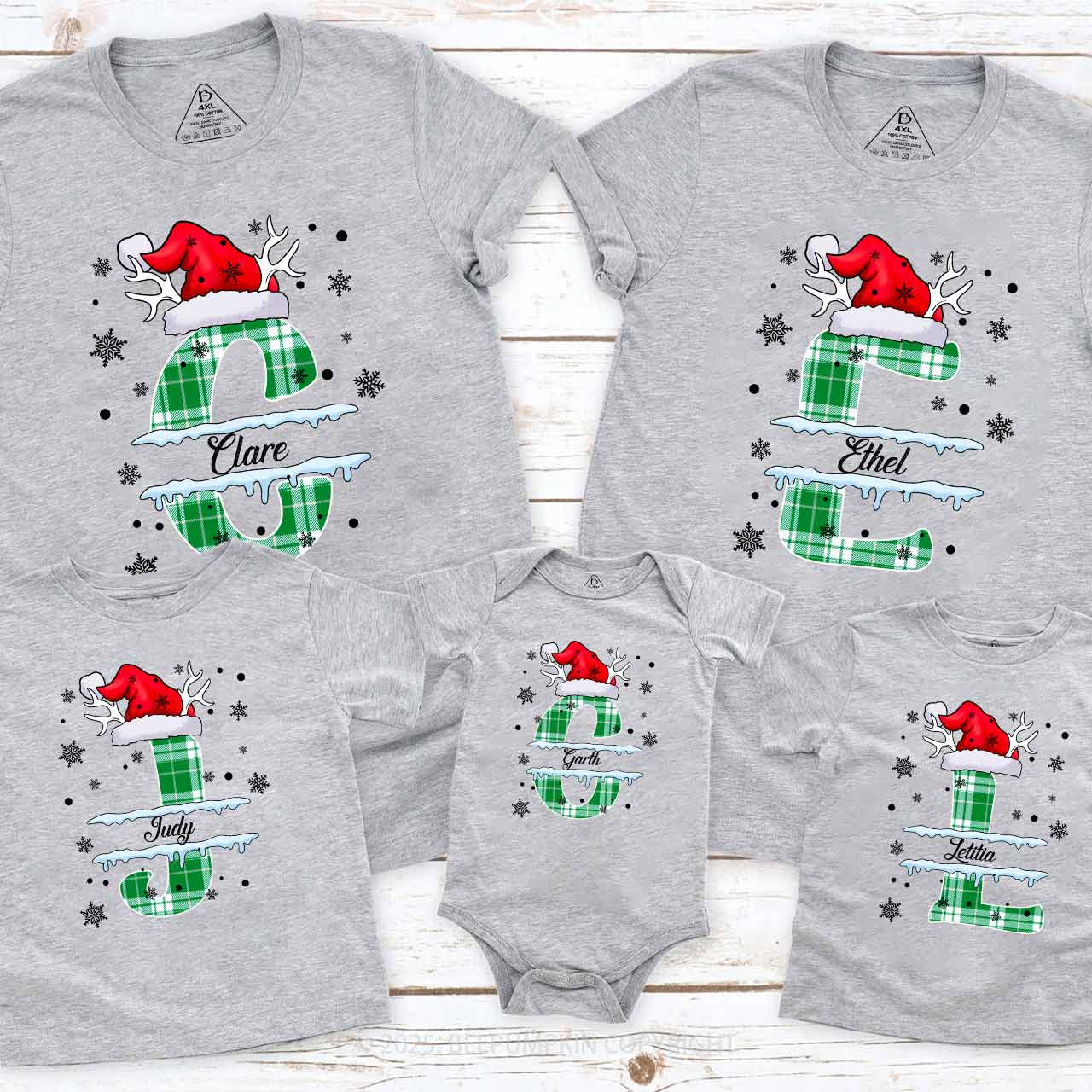 Personalized Christmas Green Plaid Snowflakes Name Family Matching T-Shirts Beepumpkin