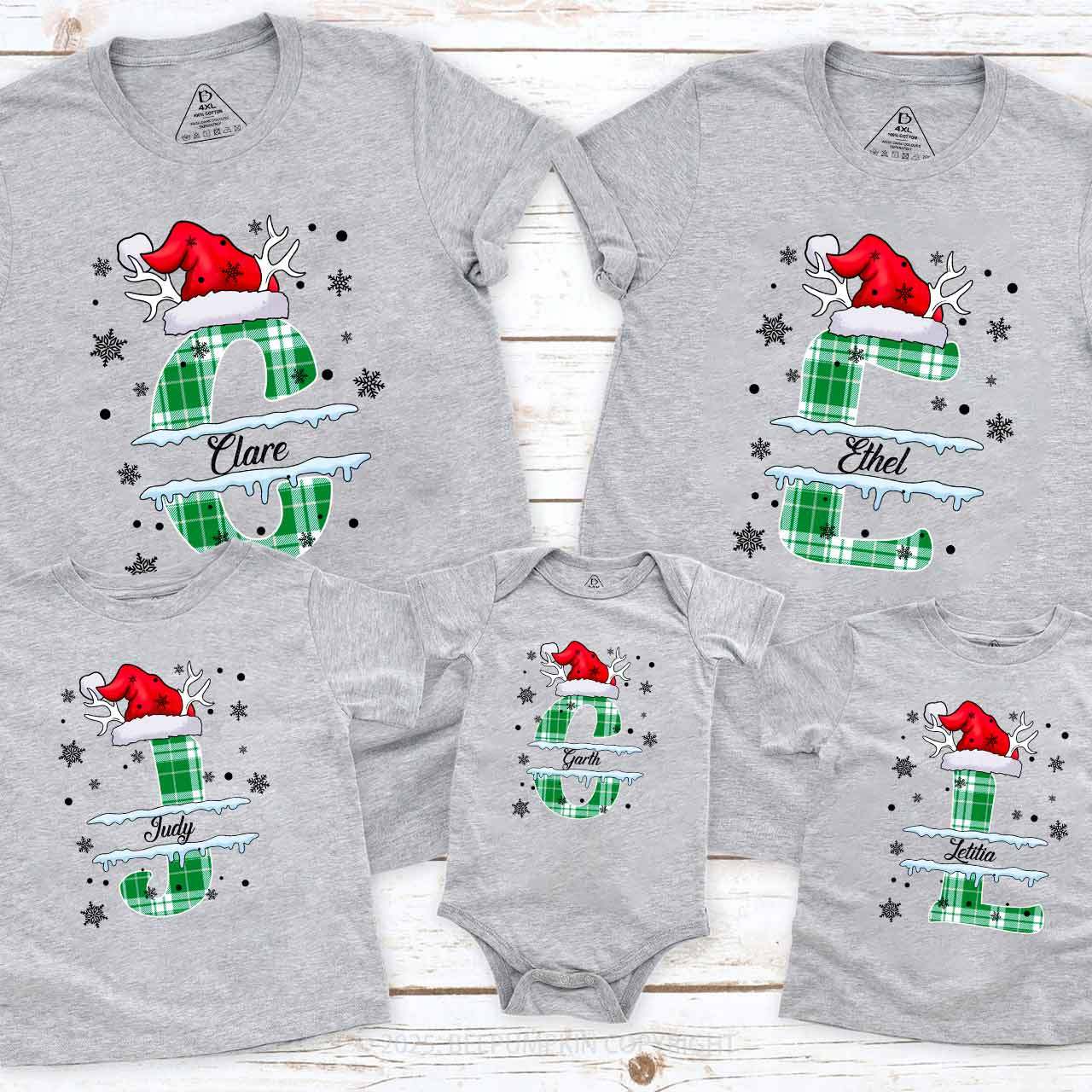 Personalized Christmas Green Plaid Snowflakes Name Family Matching T-Shirts Beepumpkin