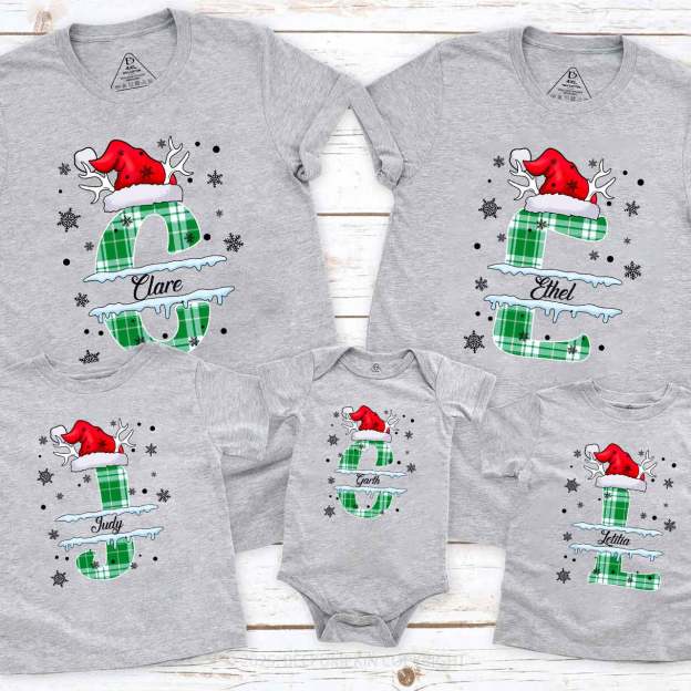 Personalized Christmas Green Plaid Snowflakes Name Family Matching T-Shirts Beepumpkin