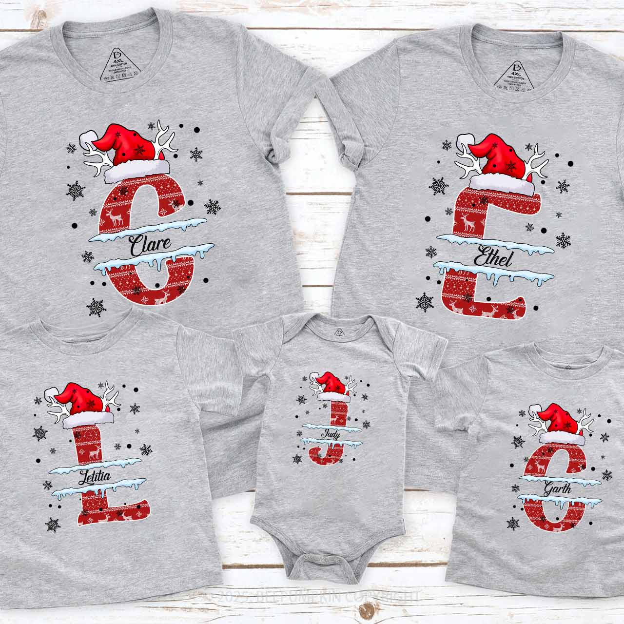 Personalized Christmas Red Elk Snowflakes Name Family Matching T-Shirts Beepumpkin