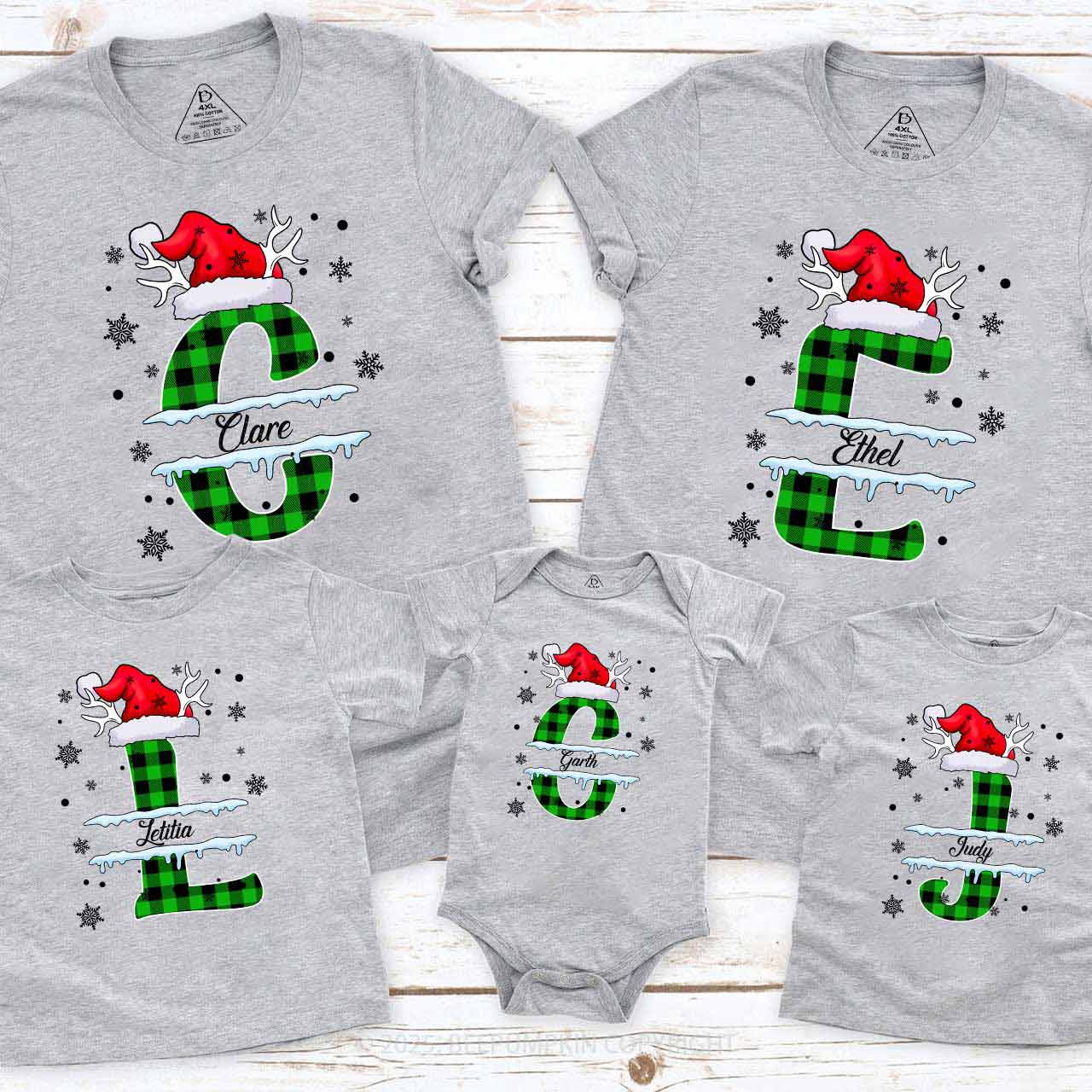 Personalized Christmas Green Plaid Snowflakes Name Family Matching T-Shirts Beepumpkin