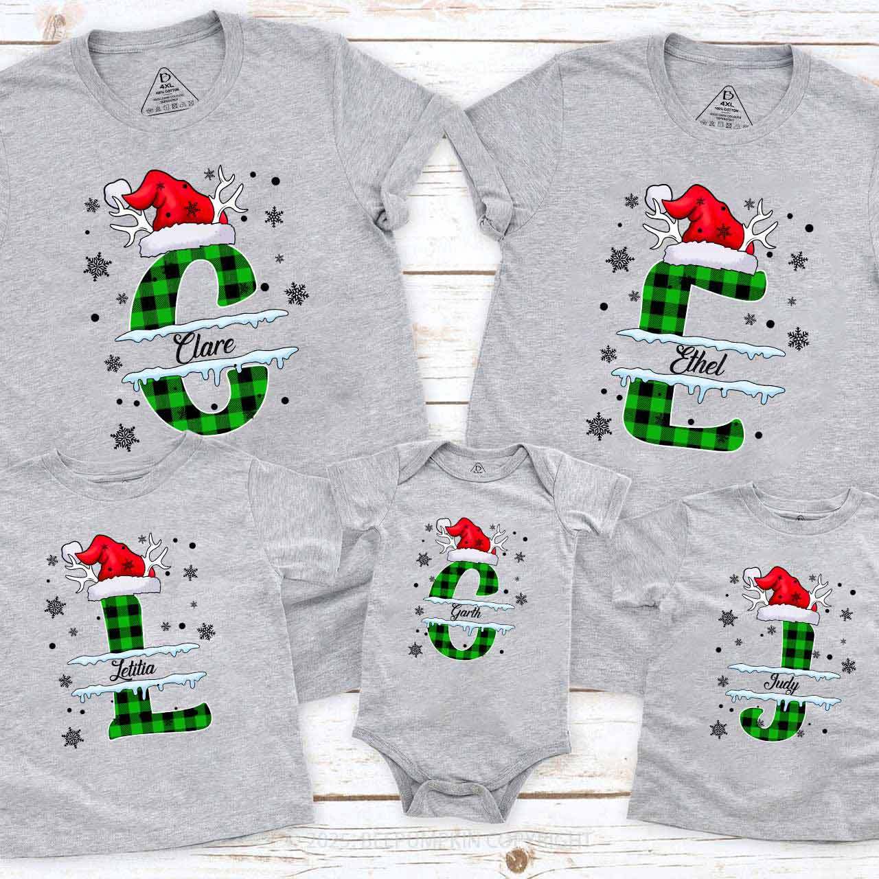 Personalized Christmas Green Plaid Snowflakes Name Family Matching T-Shirts Beepumpkin