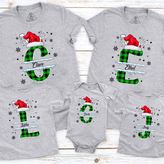 Personalized Christmas Green Plaid Snowflakes Name Family Matching T-Shirts Beepumpkin