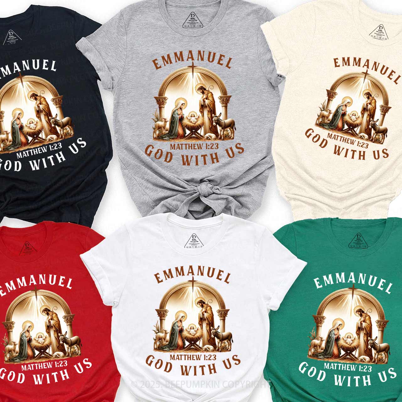 Matthew 1:23 Bible Verse Christmas Family Matching T-Shirts Beepumpkin