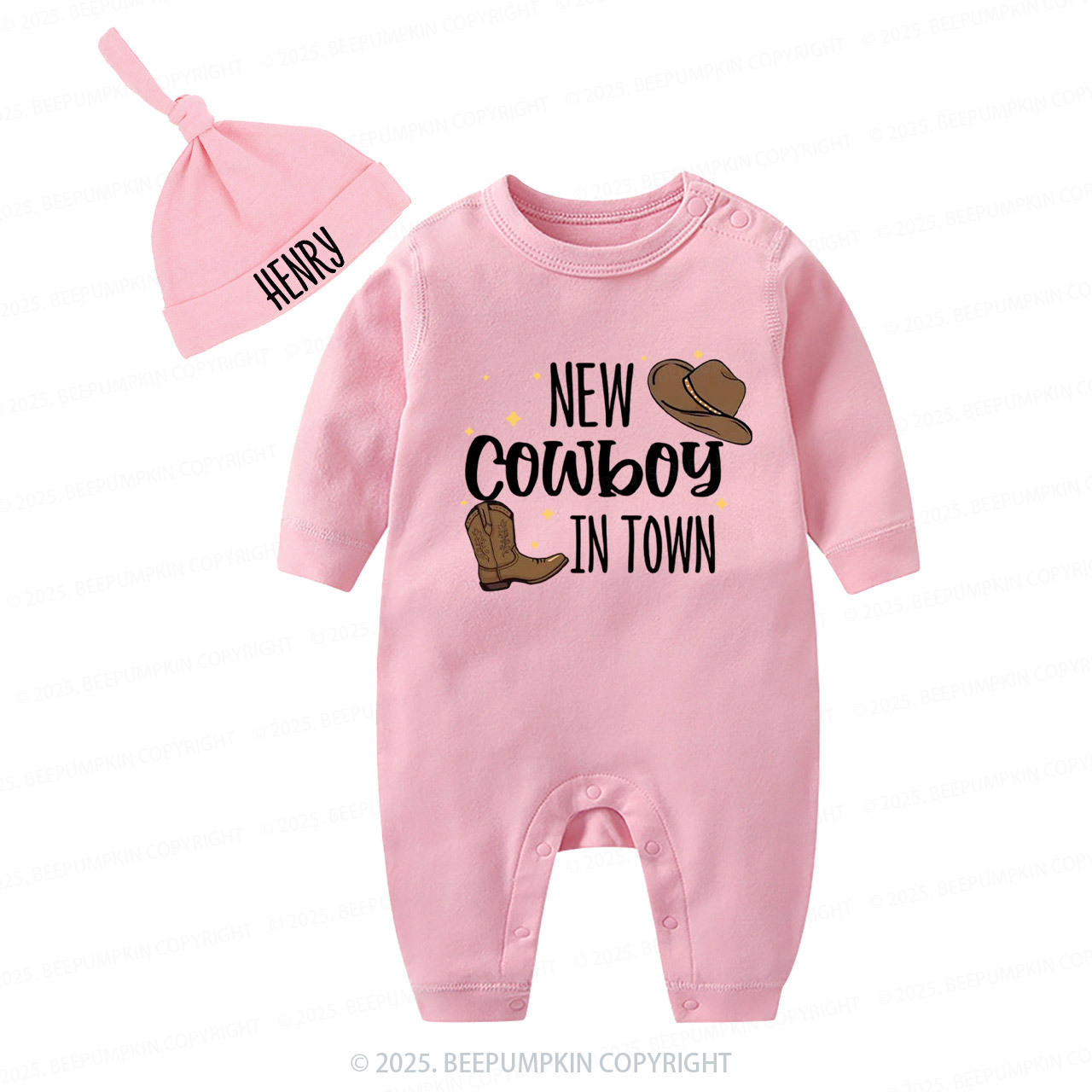 2 Pieces Personalized New Cowboy In Town Baby Romper With Hat