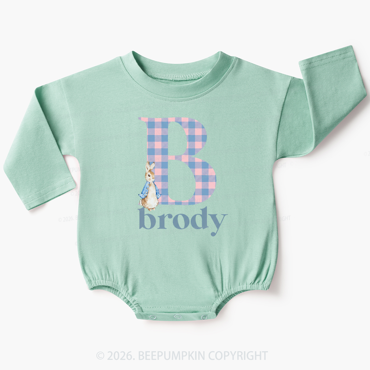 Personalized Gingham Name Easter Bunny Baby Bubble Romper